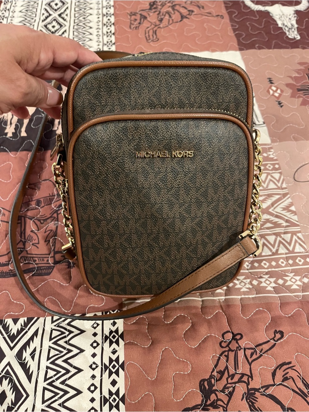 Michael Kors Brown and Tan Logo Messenger Crossbody